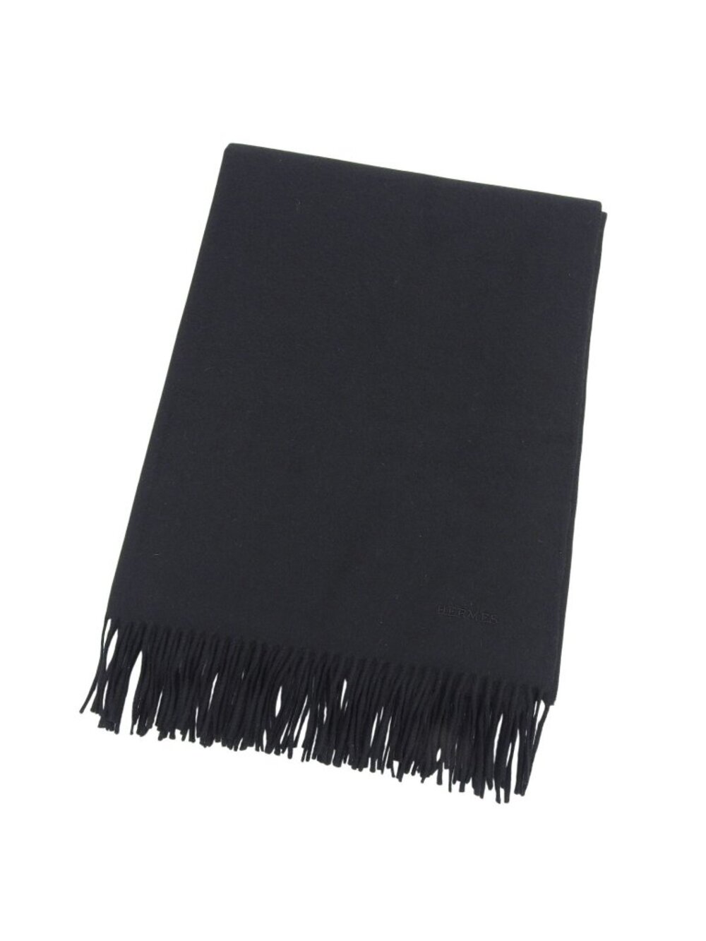 Hermes Cashmere 100% Logo Embroidery Large Shawl Scarf with Fringes Black